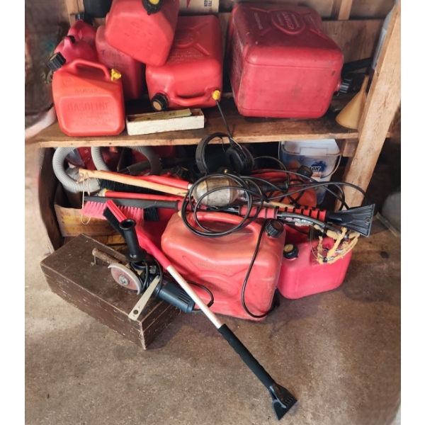 Contents of Garage Shelf: Gas Cans, Bosch Model 1375A Grinder, Windshield Scrapers, Trouble Light