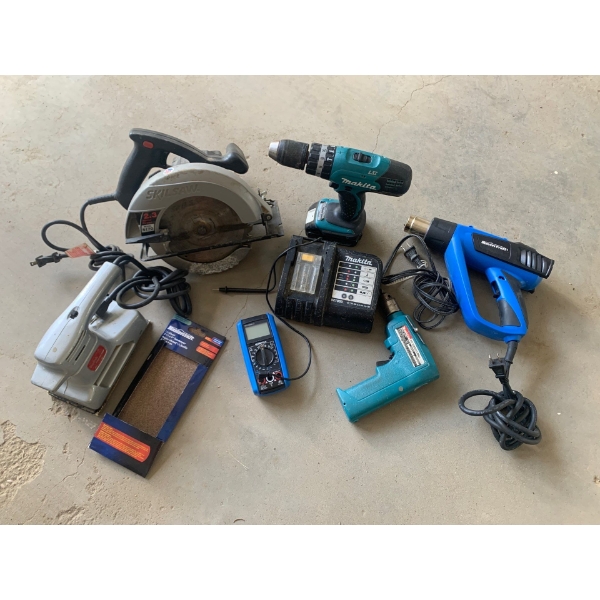 Tool Lot ShopCraft Industrial Orbital Sander, Skilsaw Model 5170, Makita 18V drill with charger LXT,