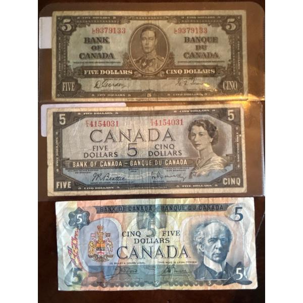 Canadian 5$ Bank notes From 1937,1954,1979 .