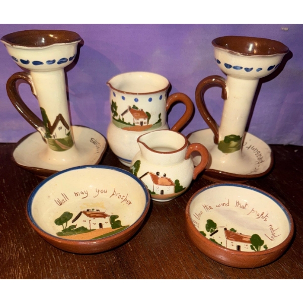 Collection Of Torquay Pottery  Motto Ware English Earthenware- Hand Painted Cottage Design