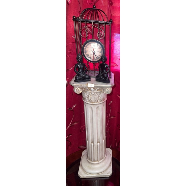 Roman Pillar/Pedastool w/ Decorative Bird Cage Clock & Buddah Figurines 25T