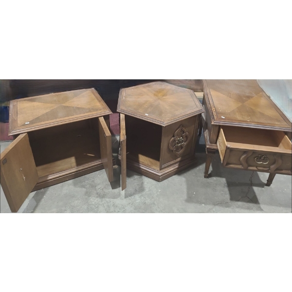 Trio of Kroehler Accent Tables- Hexagon 30" Diameter 21 T, Lamp Table w/ Drawer 22 W, 26 D, 21 T 