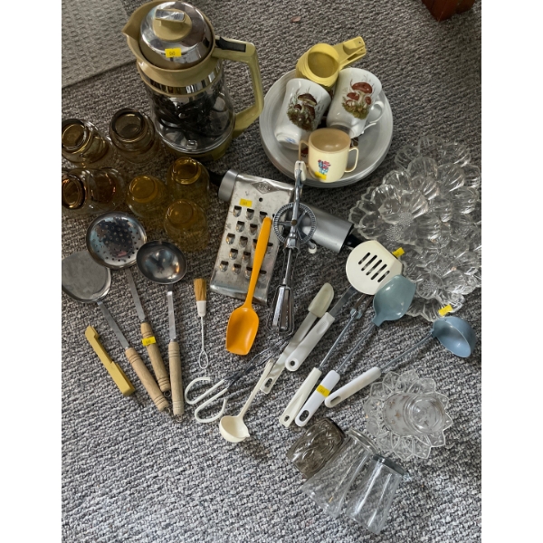 Vintage Kitchen Gear-- Electric Coffe Maker, Old Drinking Glasses gently Used, Measuring Cups & More