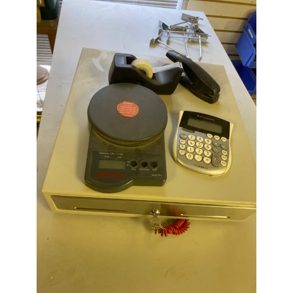 Retail Essentials Set Featuring Cash Drawer, Scale, Calculator, and Accessories