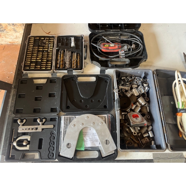 selection of tools, drill, bits, sockets router, and two hedge trimmers electric