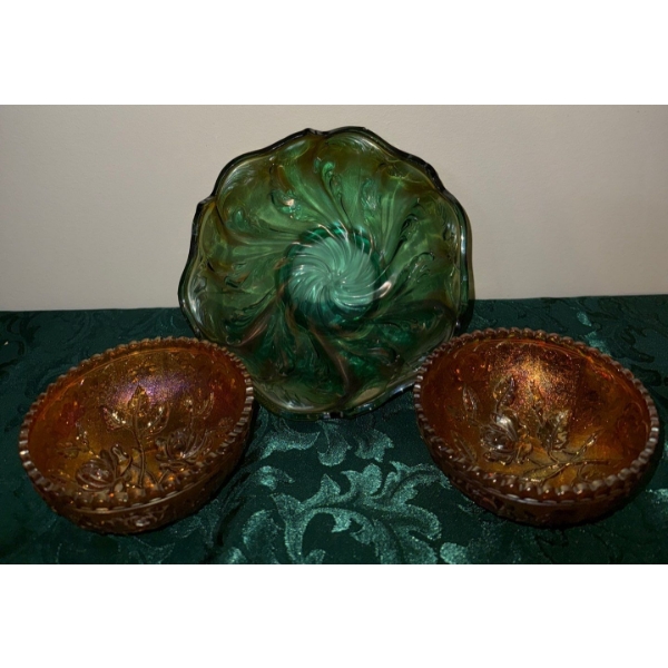 Lustre Rose Amber Carnival Glass Berry Bowls & Acanthus Aqua Carnival Gls Imperial Co