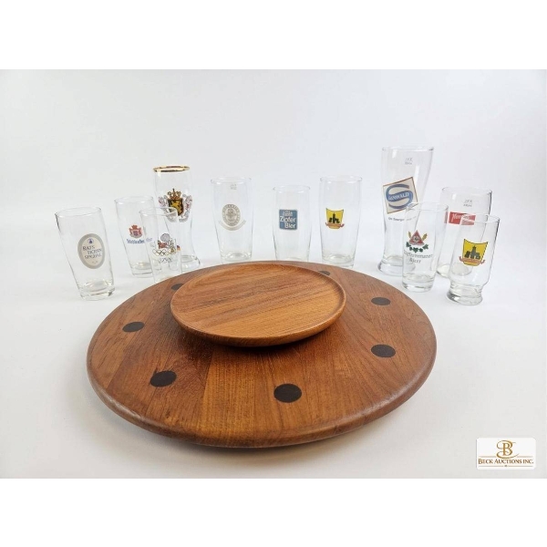 Wooden Lazy Susan with Glassware Lot Featuring Beer and Logo Glasses
