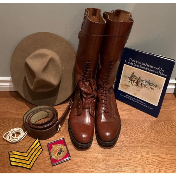Official RCMP Attire - Genuine Leather Tall Browns Size 14 Mountie Hat Belt Badges & more