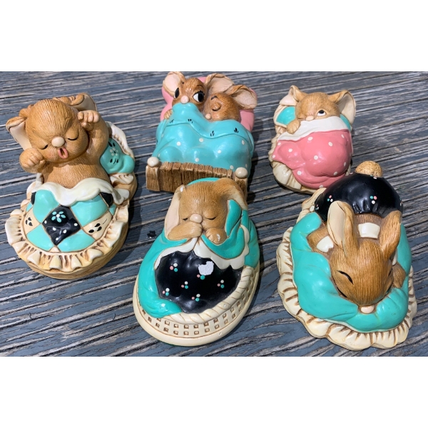 Pendelfin Sleeping Rabbits (Chipping on One): 'Snuggles Awake', 'Poppet', 'Peeps', 'Twins', 'Dodger'