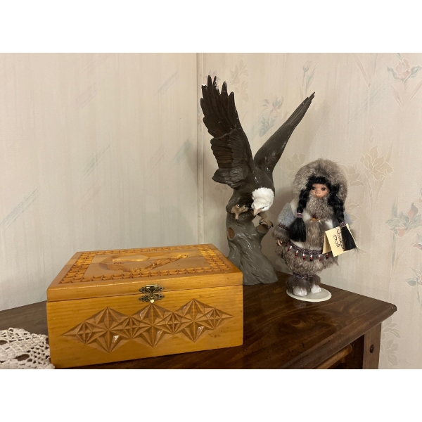  Eagle sculpture with intricate wooden handmade box and a native Alaskan doll with real fur