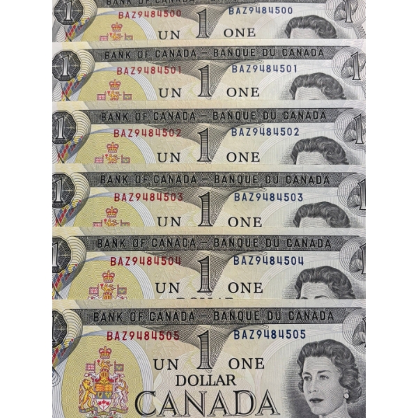 1973 Canadian 6 in Sequence $1 BUZ9484500-9484505 

