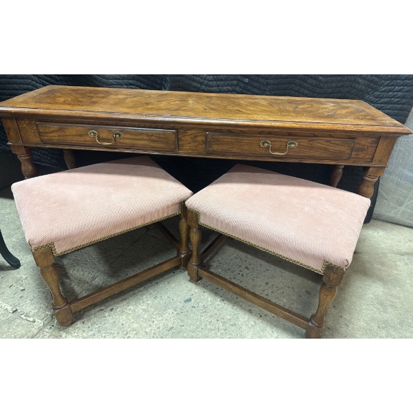 Vintage Console Table with Matching Ottomans, 56 x 17 x 27 Inches