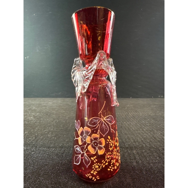 Cranberry Glass Enamel Vase 8T Slight Damage