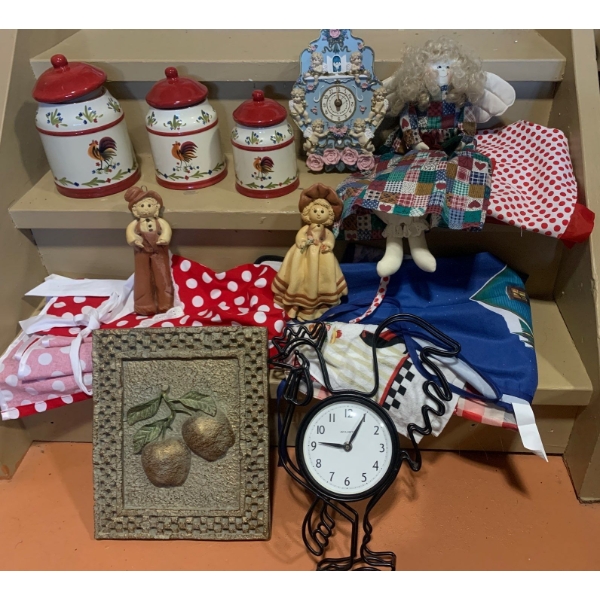 Kitchen Canisters Tallest 9 T, Aprons, Chicken Clock and Assorted Decor 