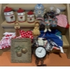 Image 1 : Kitchen Canisters Tallest 9 T, Aprons, Chicken Clock and Assorted Decor 