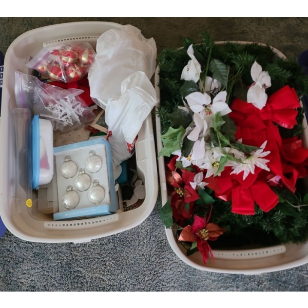 2 Big Totes Full of Holiday Decor Including: Ornaments, Garland and More!