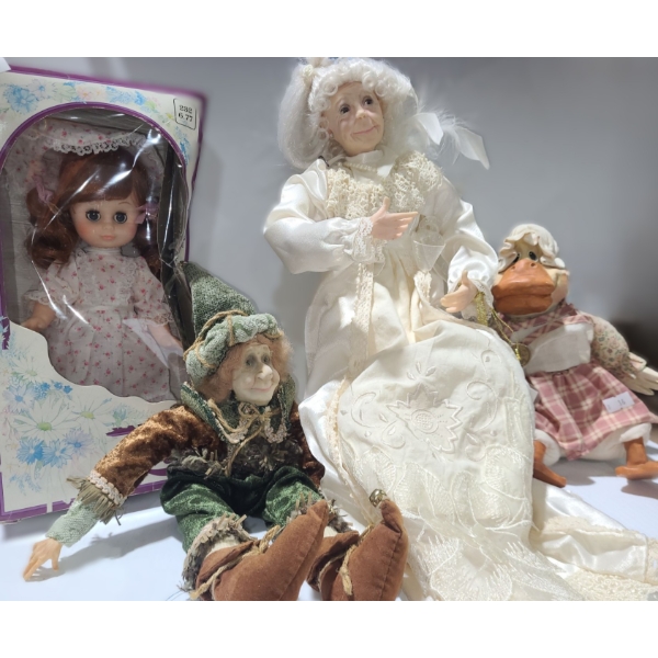 "Julia" Doll in Box, Jester 11 T, "Family- Vivian" 17 T, Shelf Duck 8.5 T (When Sitting)