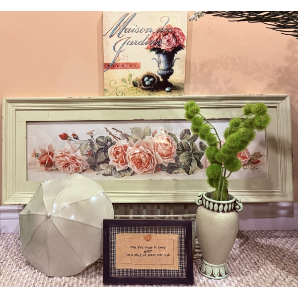 Decorative Home Decor Lot With Framed Prints, Vase And Lampshade