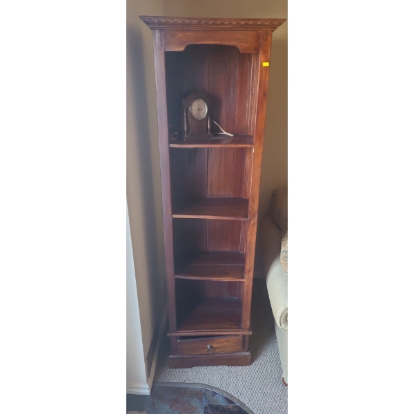 Wooden Bookcase with 4 Shelves and Bottom Drawer, Clock Included (71"T, 18"W, 11"D)