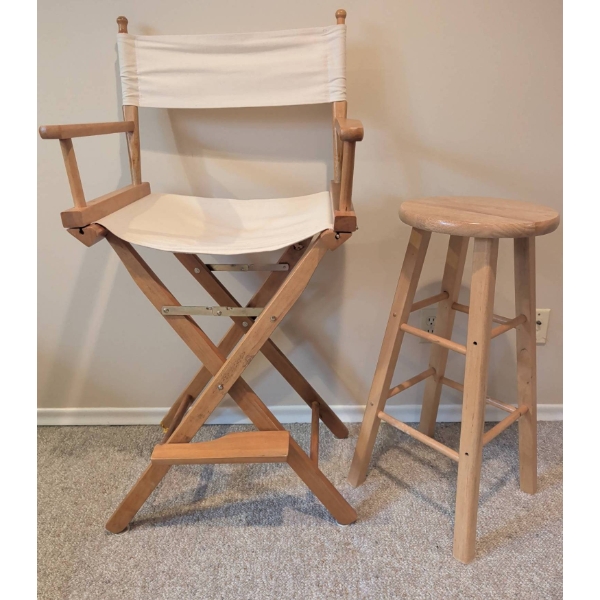 Wooden Directors Bar Stool with White Canvas Seat & Backless Bar Stool