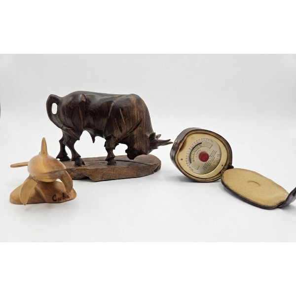 Carved Wooden Bull Figurine with Integrated Thermometer