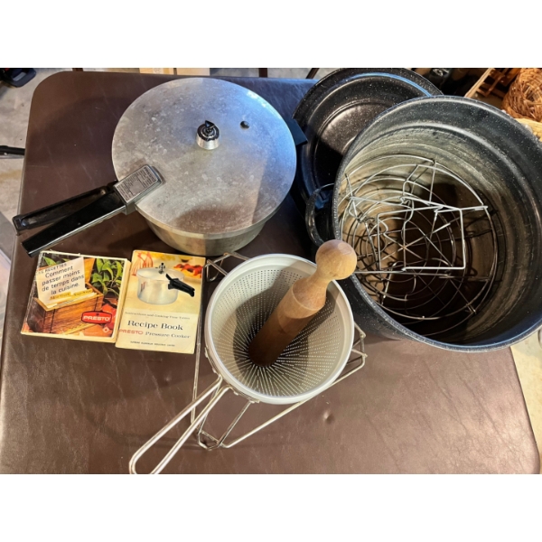 Everything you need for making jam. Pressure cooker. canner, and strainer