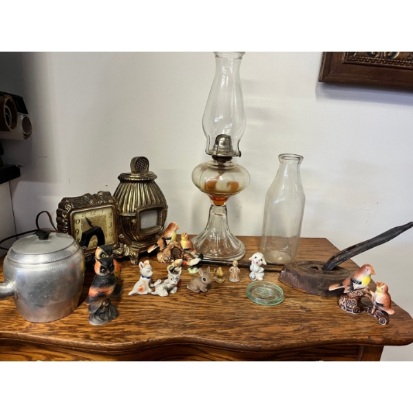 vintage clear glass kerosene oil lamp with burner & chimney vintage glass milk bottle mini figurines