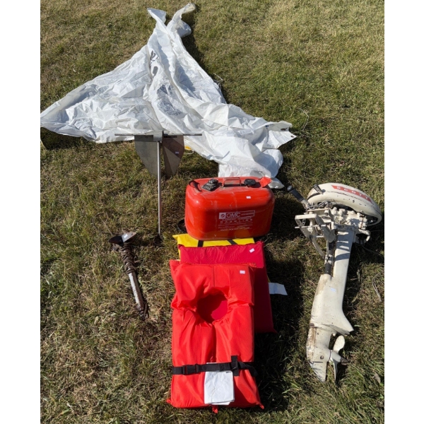 Scott Boat Motor life preserver royce enterprises anchor and sails and omc gas tank