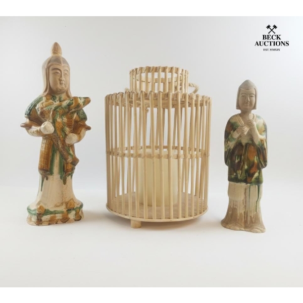  Pair Of Antique-Style Chinese Glazed Pottery Figurines And A Bamboo Lantern.