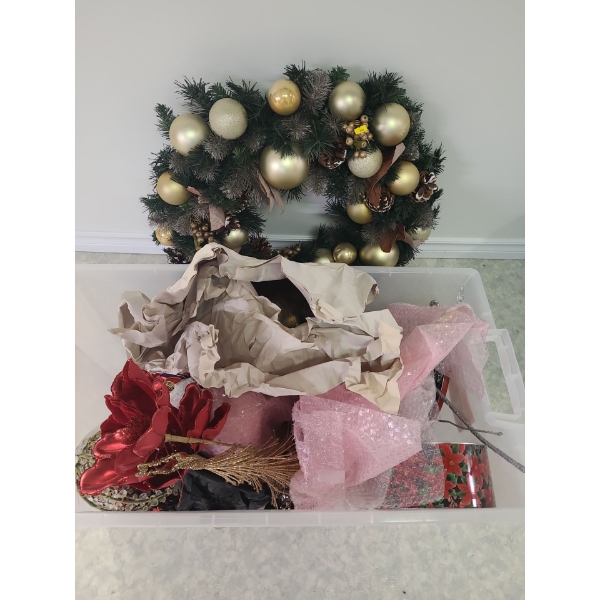 Wreath and assorted Christmas decorations