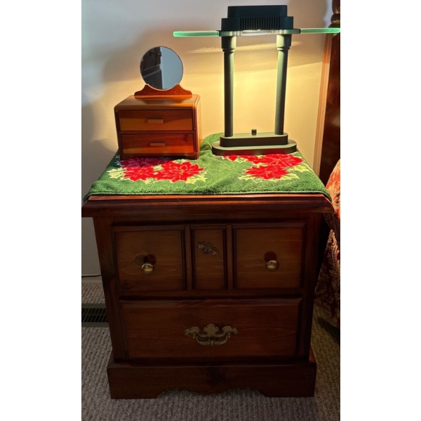 Cherry Wood Bedside Table w/ Lamp and Wood Box, Does Not Include Drawer Contents - 21W, 18D, 23T