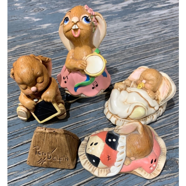 Pendelfin Family of Rabbits: 'Snuggles', 'Rosa' and More (Note Chipping on Pendelfin Sign)