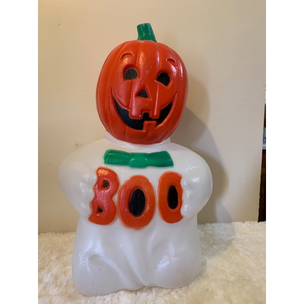 Vintage Halloween Blowmold Light-Up Ghost with Pumpkin Head and Boo Text