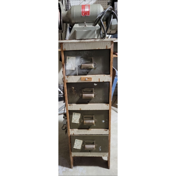 Bench Grinder Mntd to Antique Filing Cabinet(Wood/Metal)Contents Included 