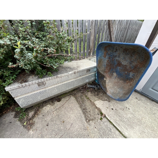 Wheelbarrow and diamond plate job box contents unknown
