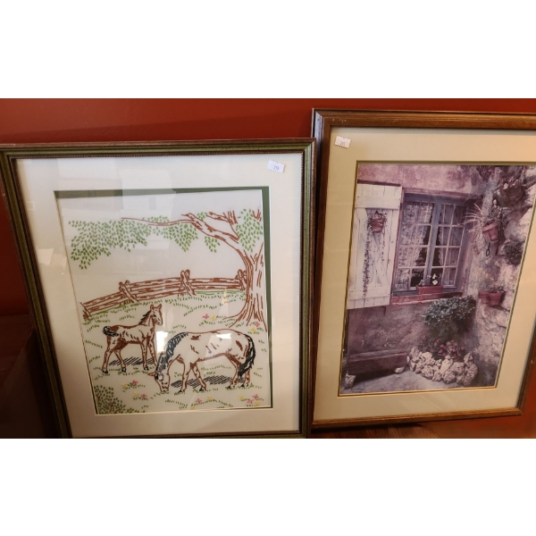 Yarn Art of Horses in Frame 17 X 20 and Provence Scene Print in Frame 18 X 22 