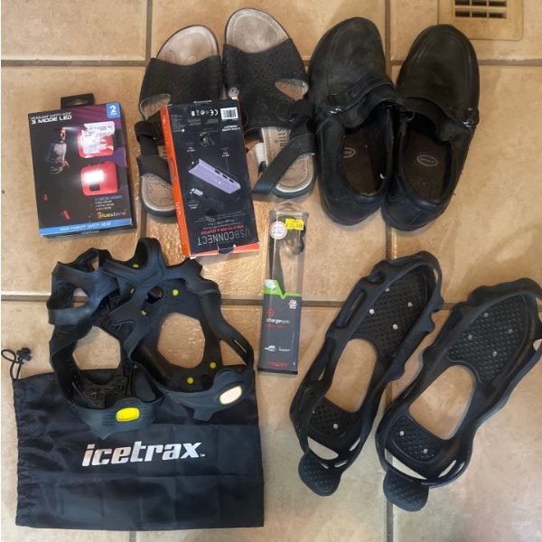 Winter Shoe Spikes X 2, Two Slip on Shoes, & Assortment of Tech Gear
