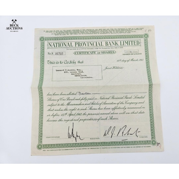 Vintage Stock Certificate From The National Provincial Bank Limited, 