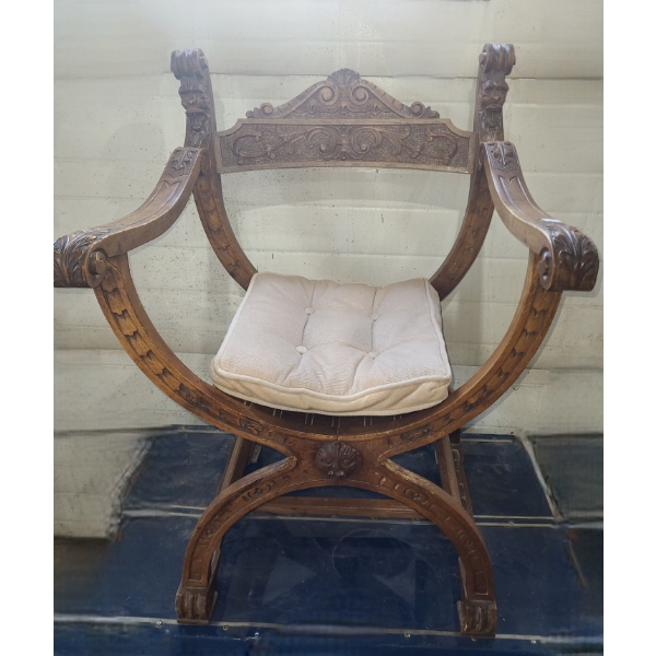 Wood Accent Chair w/ Carved Details and Beige Seat Cushion 23 W, 19 D, 32 T 