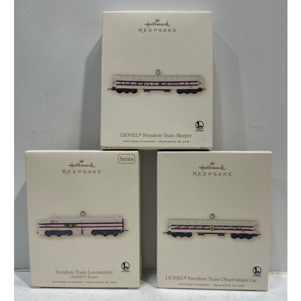 Vehicles-Freedom Train Locomotive, Sleeper, Observation Car Hallmark Ornaments