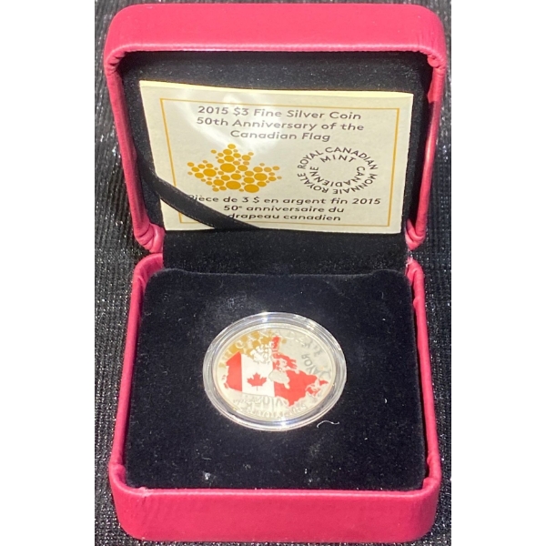 2015 $3 50th Anniversary of the Canadian Flag Fine Silver Coin 7.96 Grams