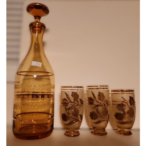 Bohemian Glass Decanter 12.5 T and Glasses  w/ Painted Flowers