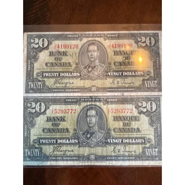 1937  Canadian $20$ BankNote X 2 