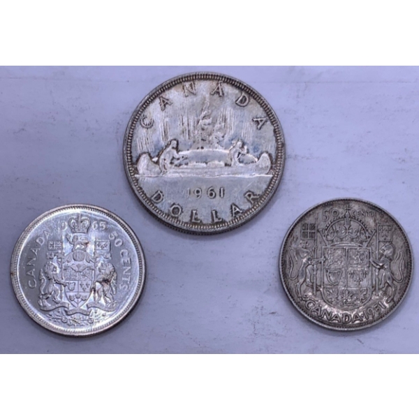 Canadian Dollar 1961 (80% Ag) 23.6 g & Canadian Half Dollar 1965, 1951 11.6 g Each (80% Ag)