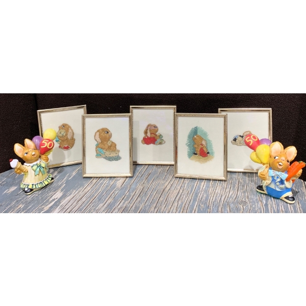 Pendelfin Fun: Framed Crochet (4x5 Each) Plus '50' Celebration Rabbits 'Joy' & 'Ray' (4W, 4.5T Each)