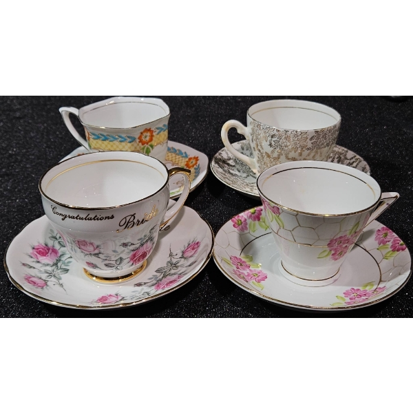 Four Fine Bone China Tea Cups with Matching Saucers, Mixed Floral Designs