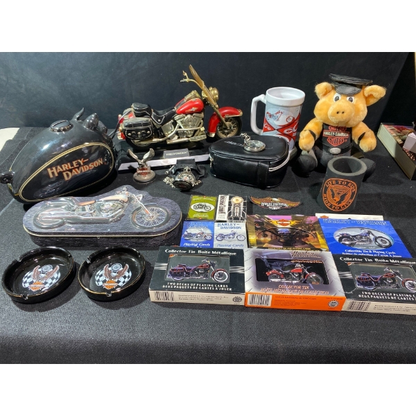 Harley Davidson Collection Incl. Pocketwatch, Small Models, Ashtray, Cards, and Much More 
