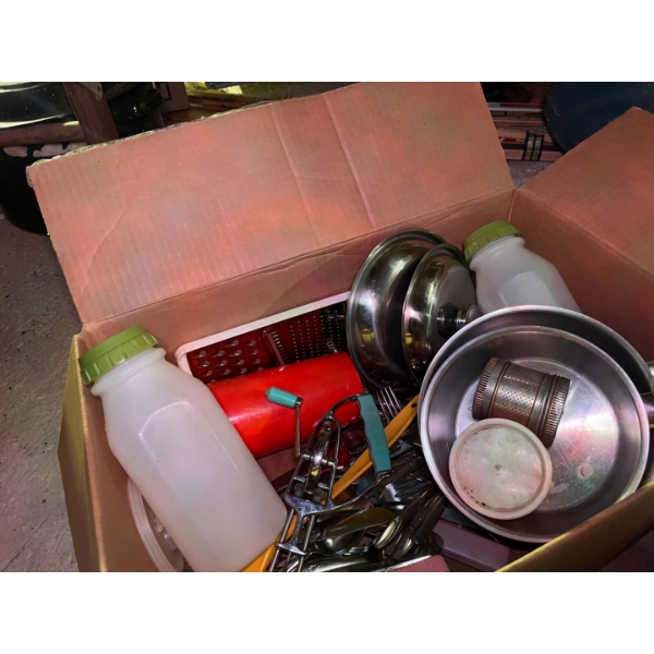 vintage dishes, real Tupperware bins pots wherever coffee pot along with cutlery a Pyrex glass mixin