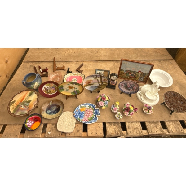 Assorted decorative plates with stands and more