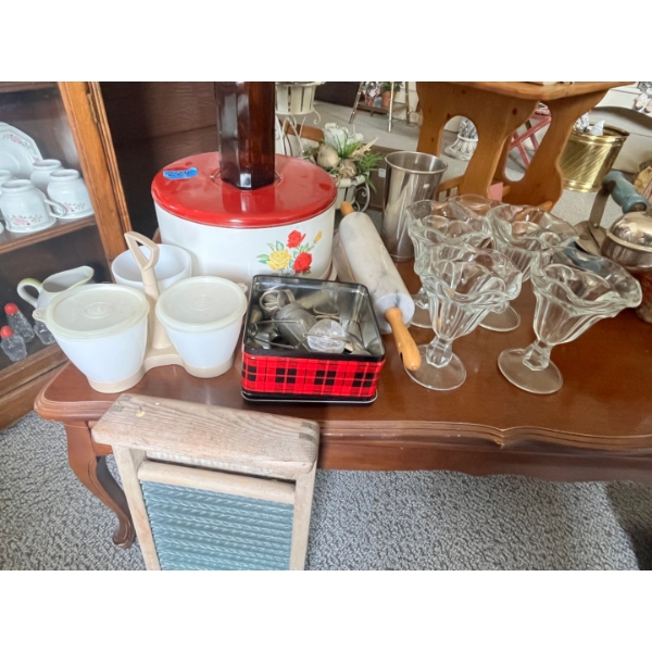 Vintage metal cake carrier, antique pearl, washboard, glass sundae dishes, marble rolling pin & more